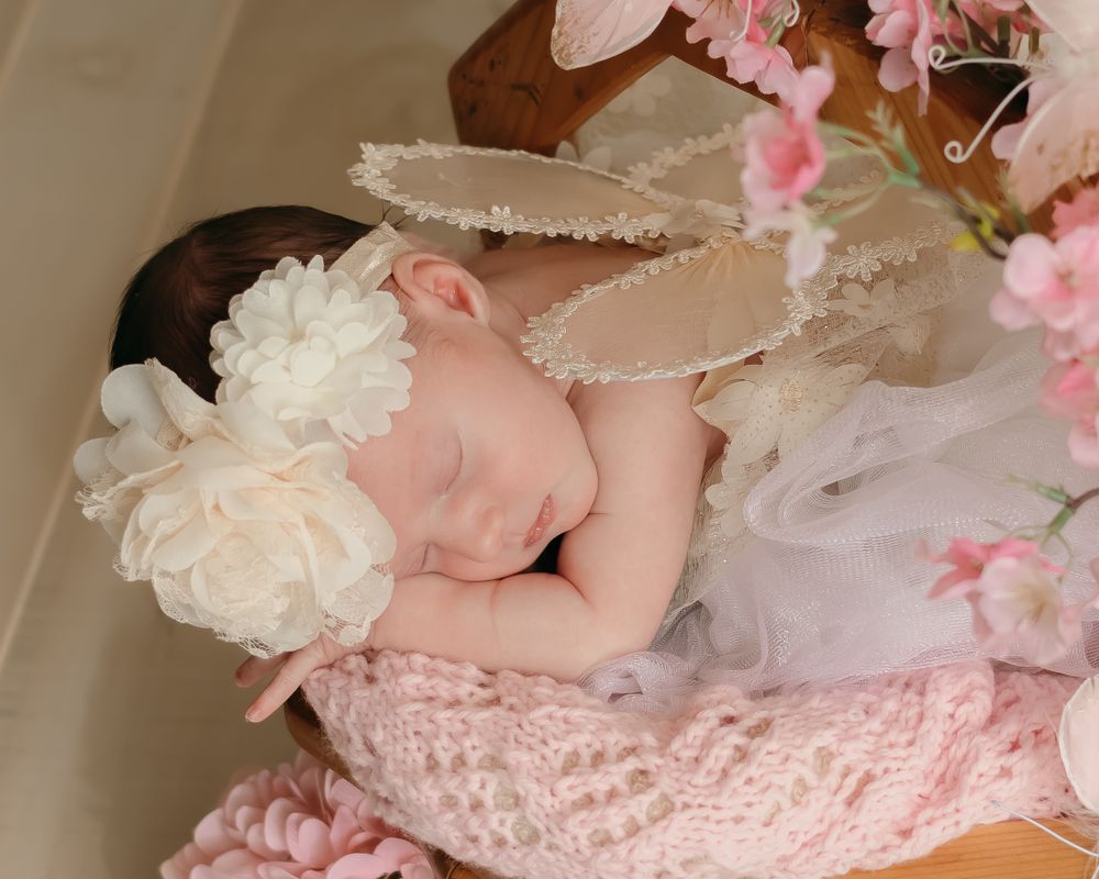 Dreamy newborn photo with baby sleeping in basket surrounded by pink flowers and white tulle.