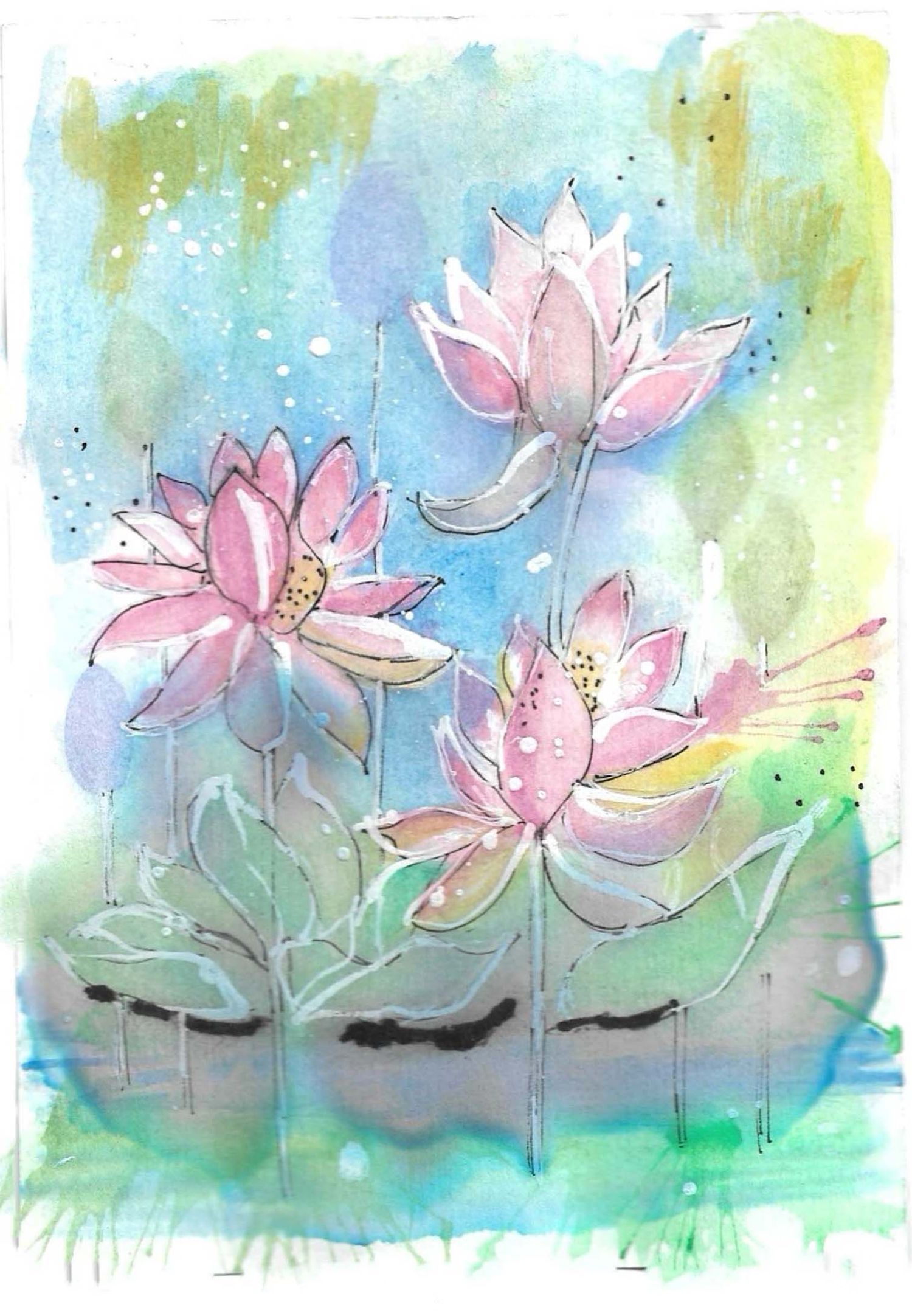 Ethereal watercolor painting of pink lotus flowers floating on water with a dreamy background.