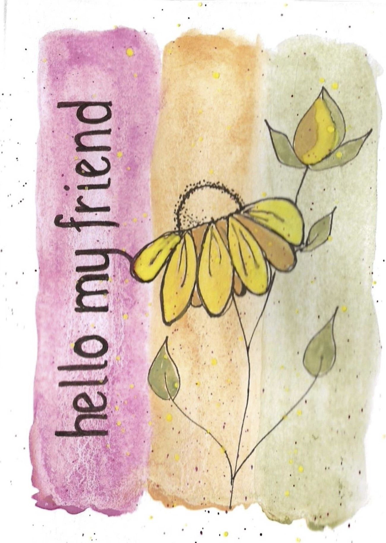 Watercolor illustration of a yellow daisy flower with 'hello my friend' text on colored background.