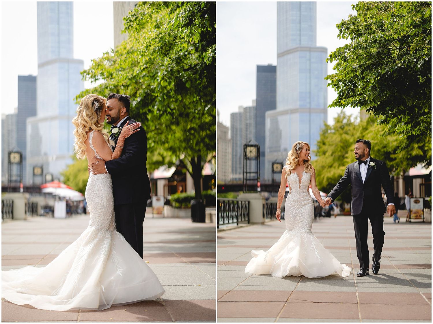 Romantic wedding couple poses in downtown setting with skyscrapers in background.