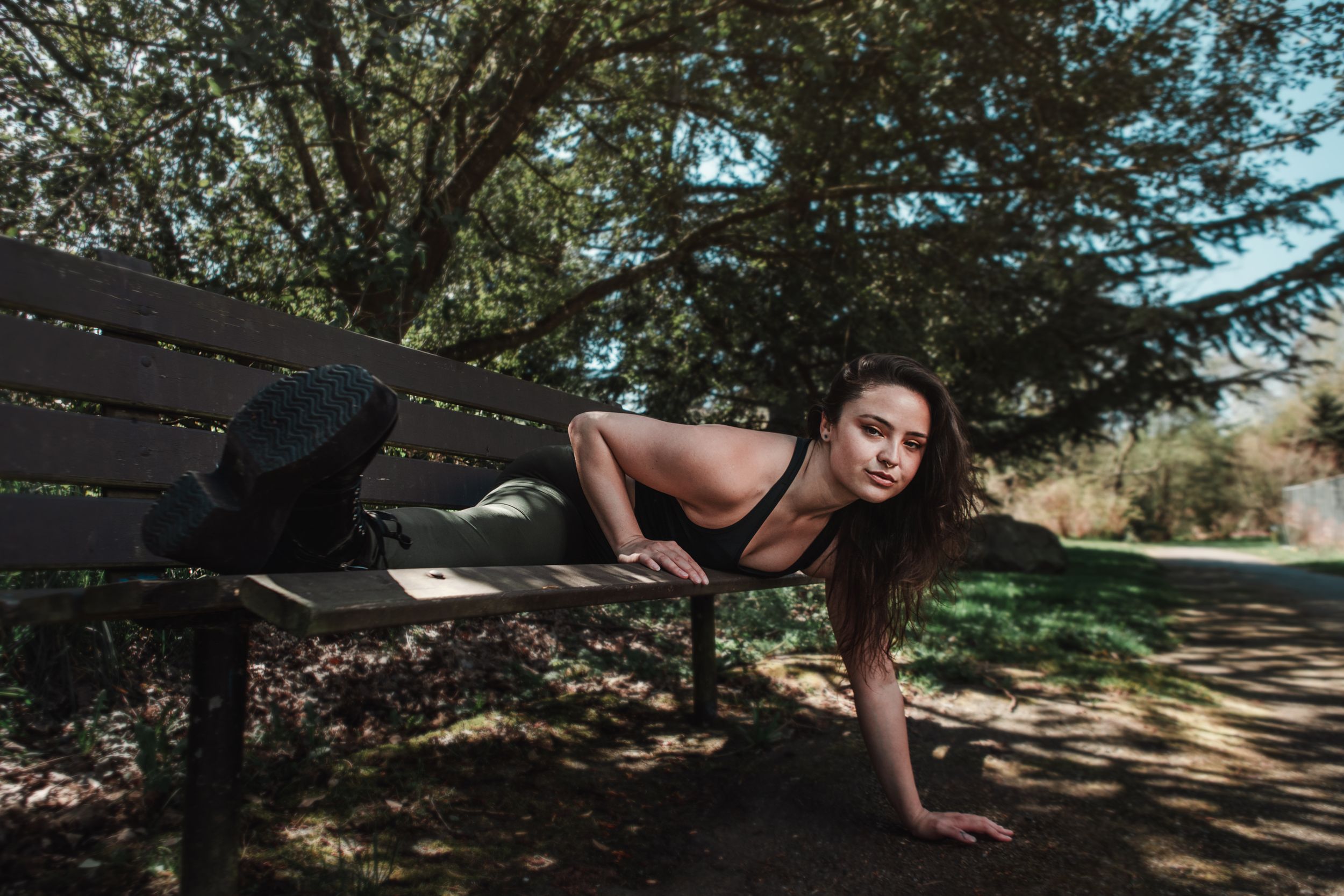 Washington, performers, Acro, acrobatics, splits, forest, green, Seattle, park bench