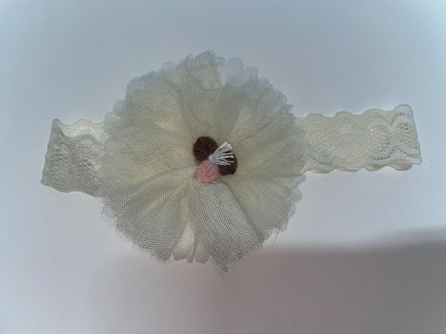 White lace flower headbands with pearl centers arranged in horizontal display.