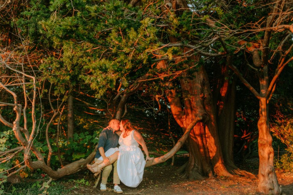 Romantic couple sits together on rustic wooden steps surrounded by trees at sunset.