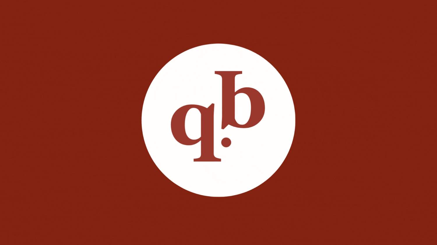Simple circular white emblem with 'qb' typography on deep red background.