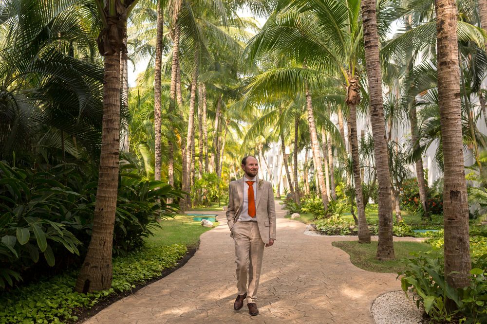 Scenic palm tree-lined garden pathway with person in light colored suit walking forward.