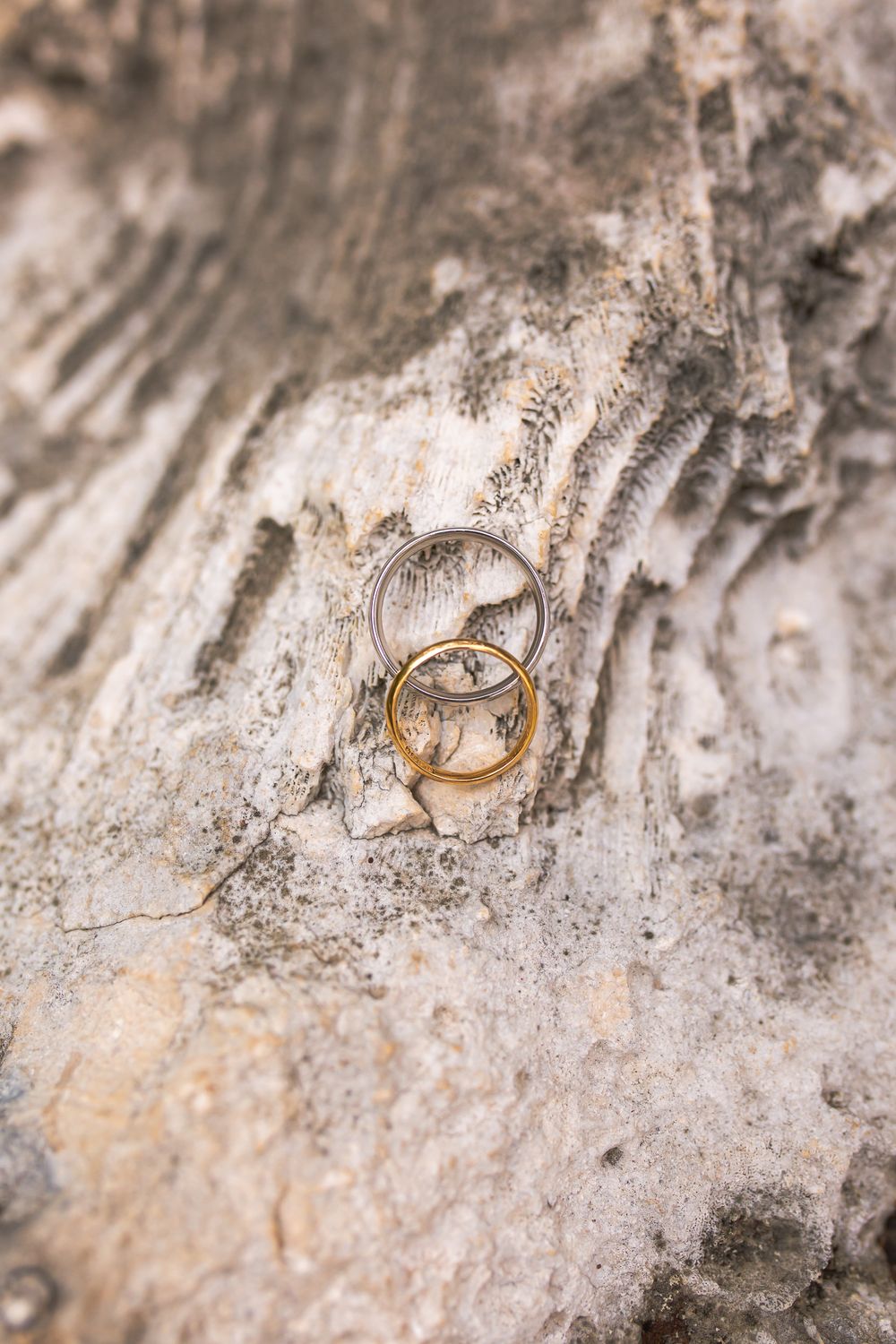 Two wedding rings placed on a weathered white textured surface.