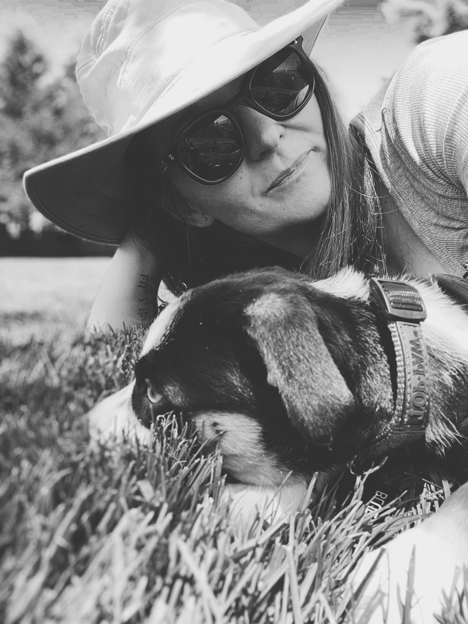 Person in sunhat and sunglasses cuddles with dog in grassy field on sunny day.