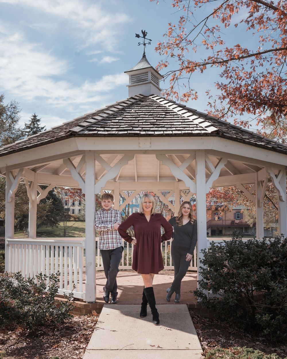 A collage of white gazebo structures in a garden setting with autumn leaves visible in multiple connected photos.