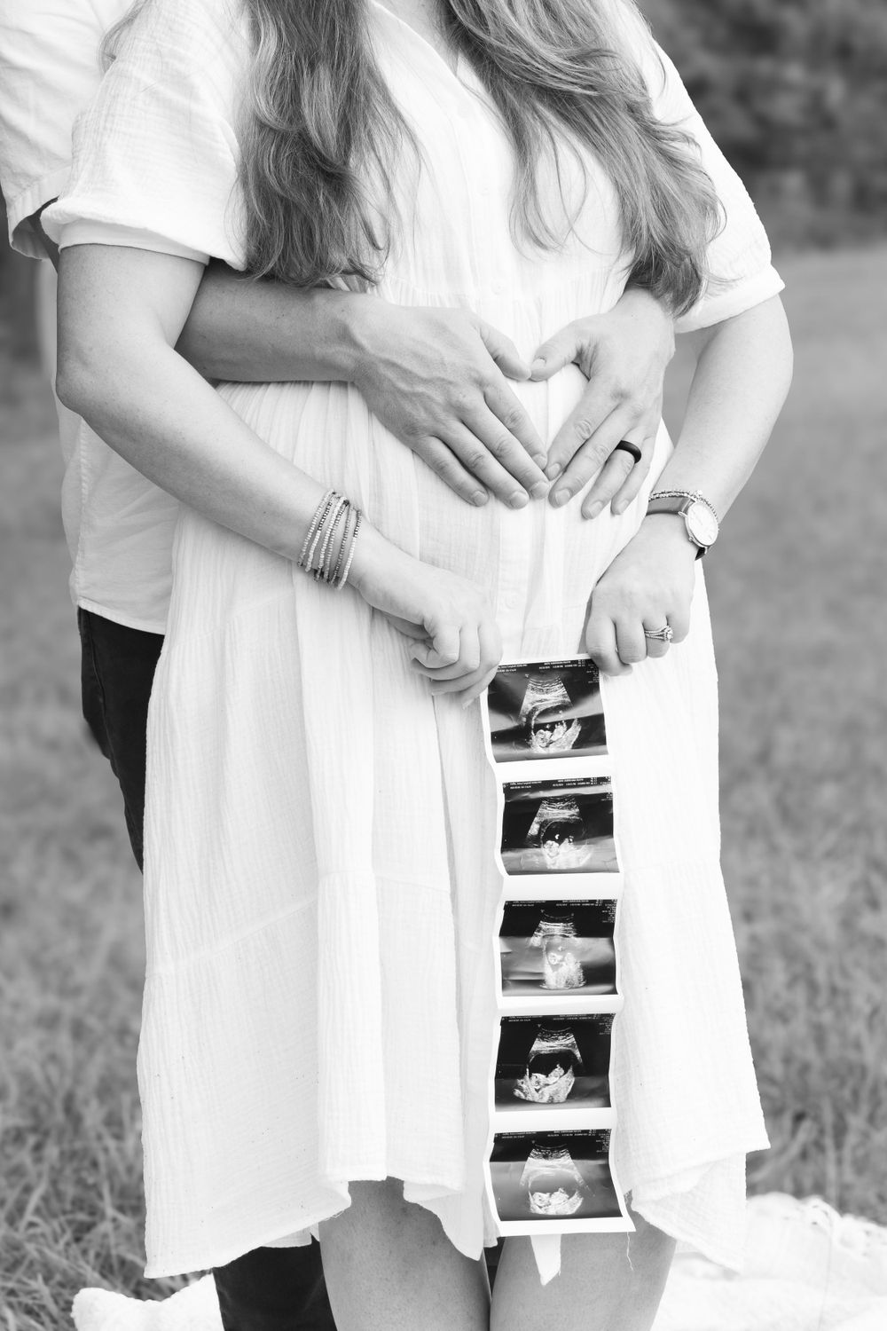 Series of photos showing couple holding ultrasound images in a white dress and casual attire.