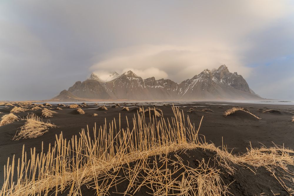 Icelandic black sand beach dunes in front of a snow-capped and cloud enshrouded Vestrahorn.