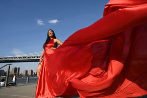 Luxury Flying Dress Photoshoot in Red Couture Dress from Destination Photoshoot in NYC by Marley Domeck