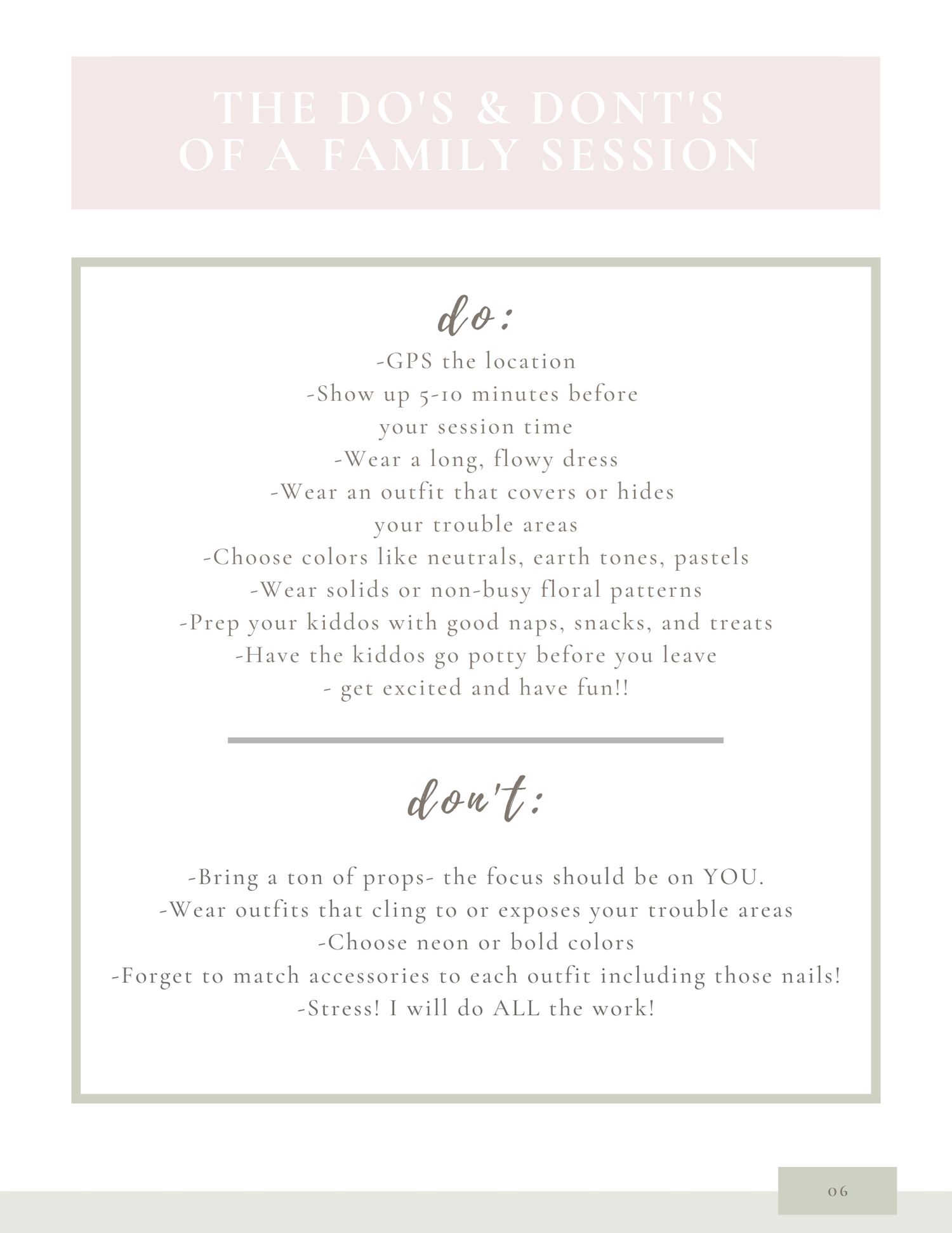 Do's and don'ts checklist for a family photography session on a light background.