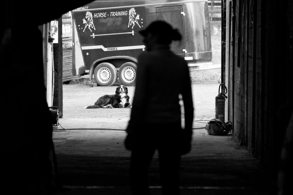 Dark silhouette stands in doorway with truck visible in background.