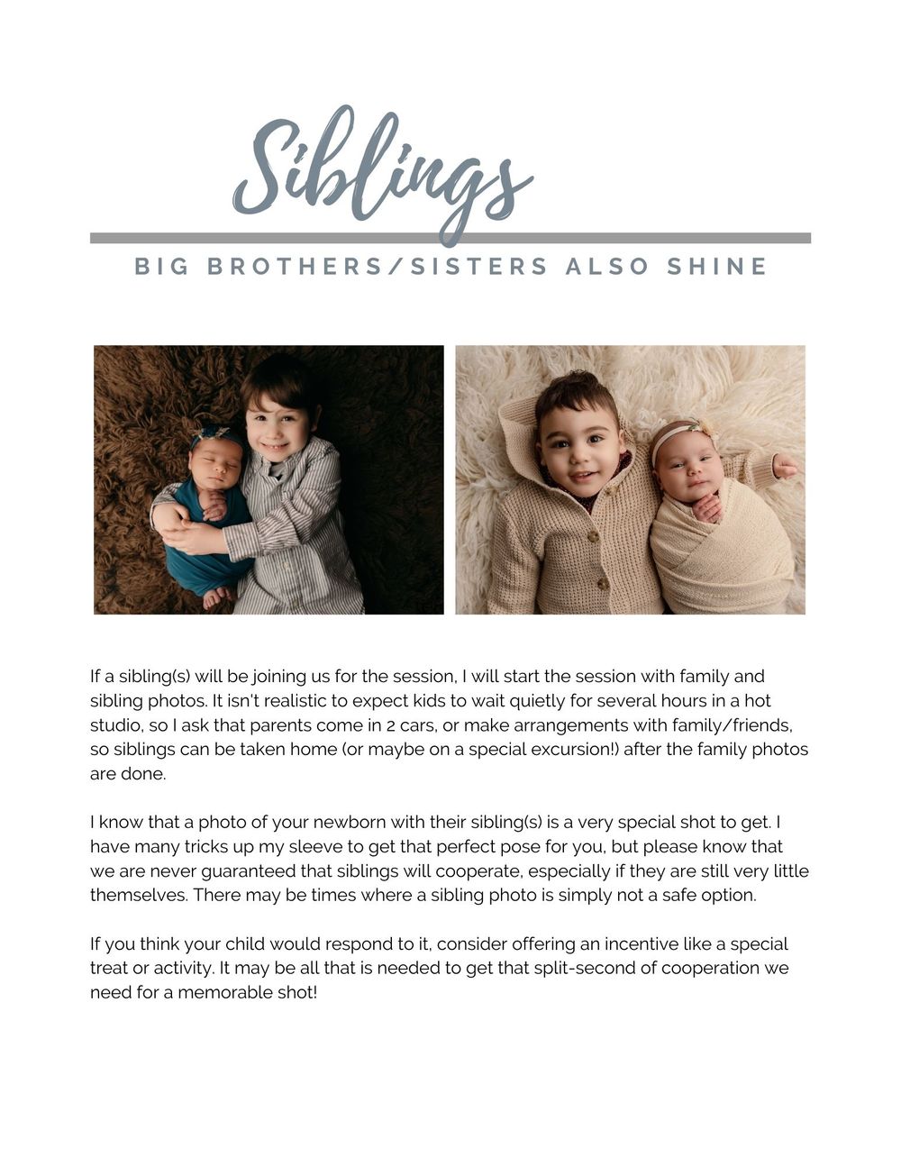 Guide for photographing siblings with newborns showing example poses.