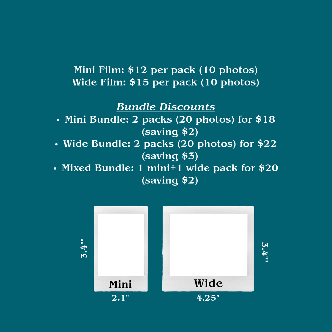Pricing chart showing mini and wide film photo bundle options on teal background.
