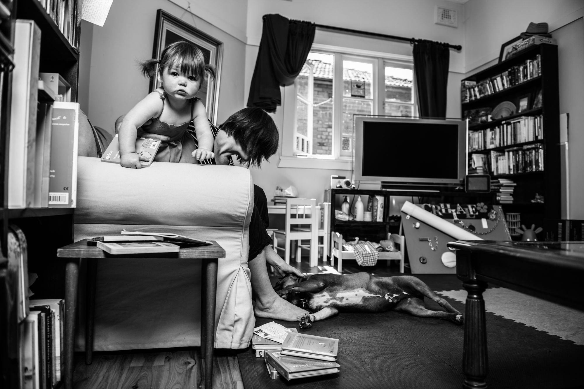 Black and white panoramic view of a home interior with books and furniture.