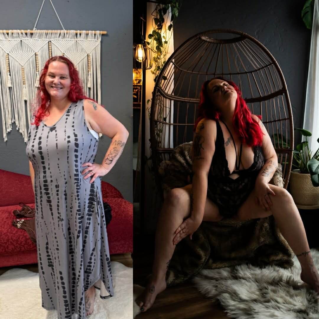 A collection of boudoir photography poses showcasing a lavender dress and dark moody lighting.