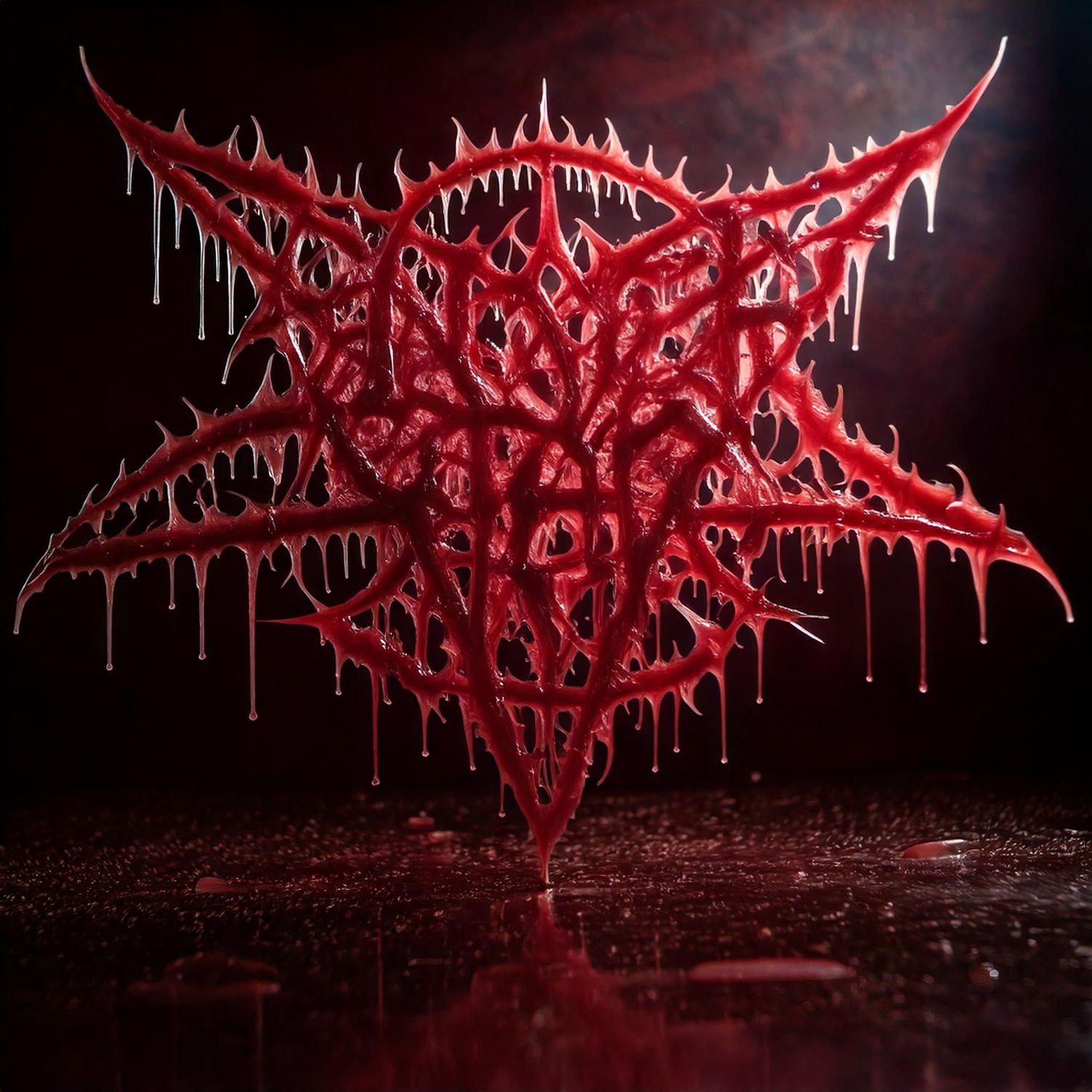 Red metallic band logo design with dripping effect against dark background.