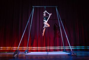 Aerial performer gracefully suspended from trapeze rigging against dramatic red and blue theatrical lighting.