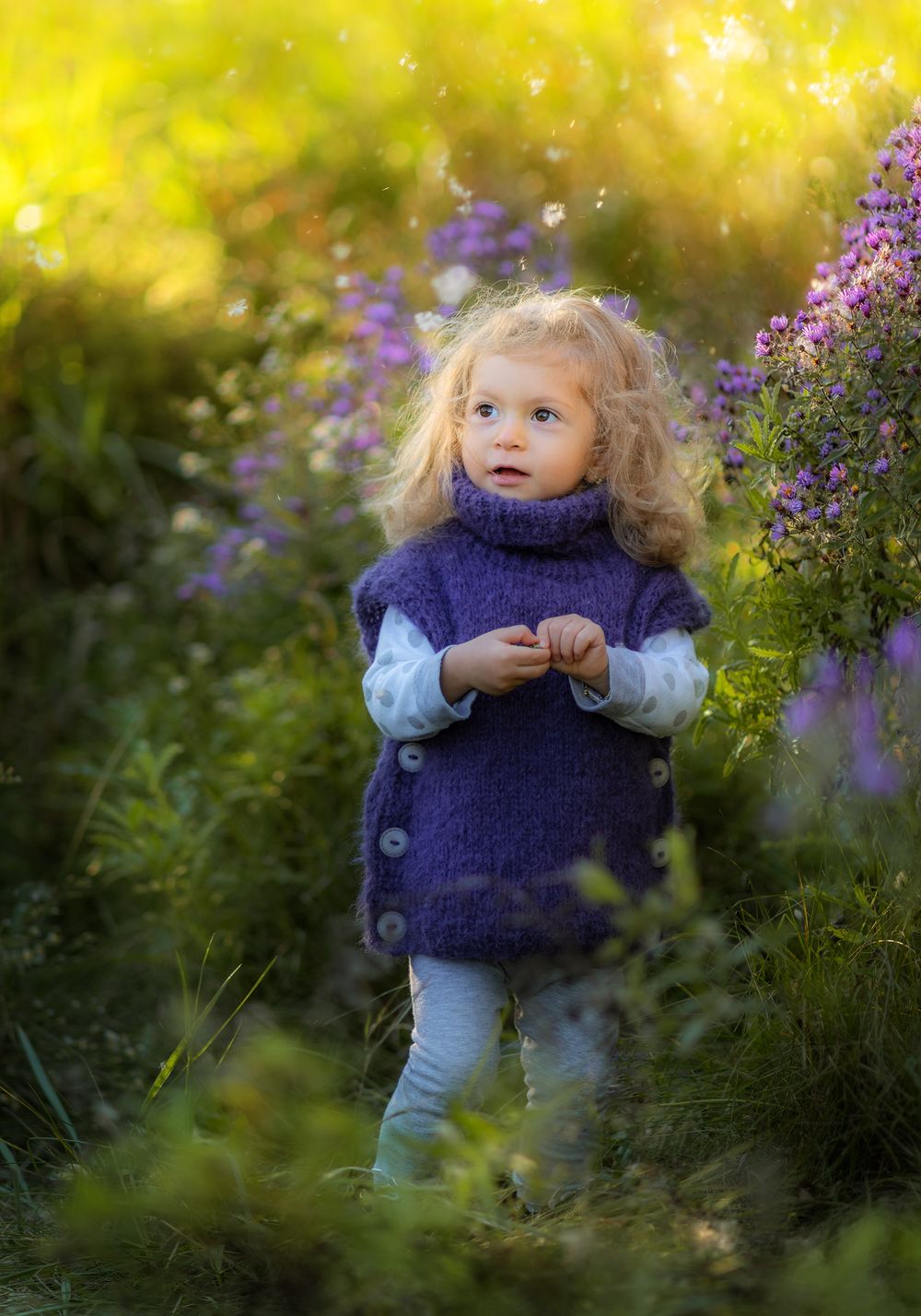 little girl is picking the flowers during the kids photo session at the sunset in Toronto