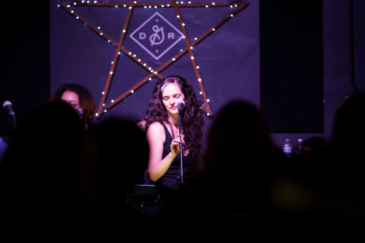 Stage performance with decorative string lights creating an ambient atmosphere.