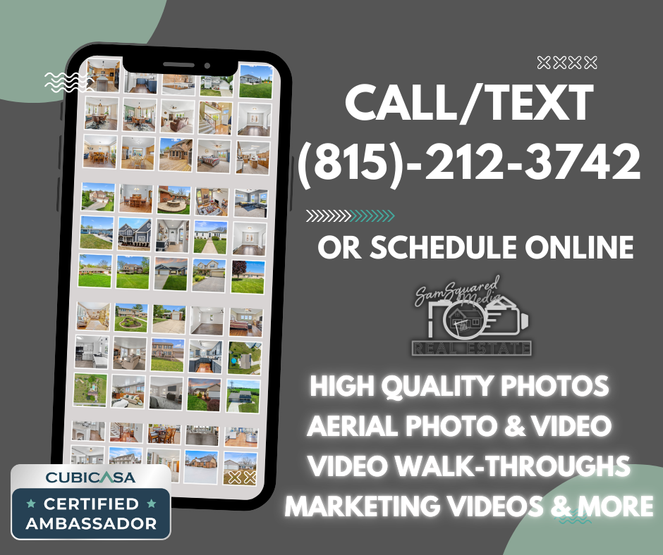 Phone screen displays real estate photo gallery next to professional marketing services text and contact information.