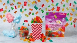 Food photography for Huer featuring their gummy bears falling from the skies.