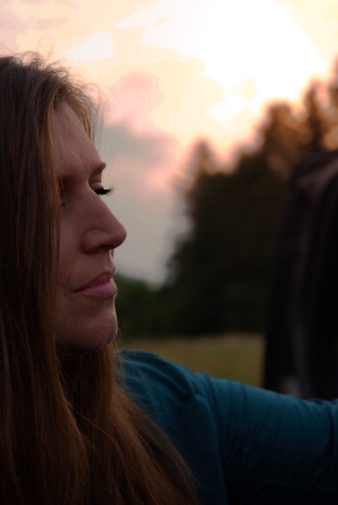 Profile silhouette of person with long hair against sunset sky wearing blue clothing.