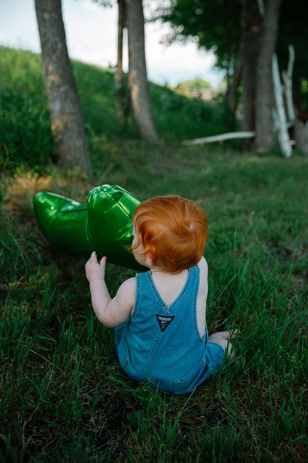 Small child in blue outfit sitting with green dinosaur balloon in wooded area.