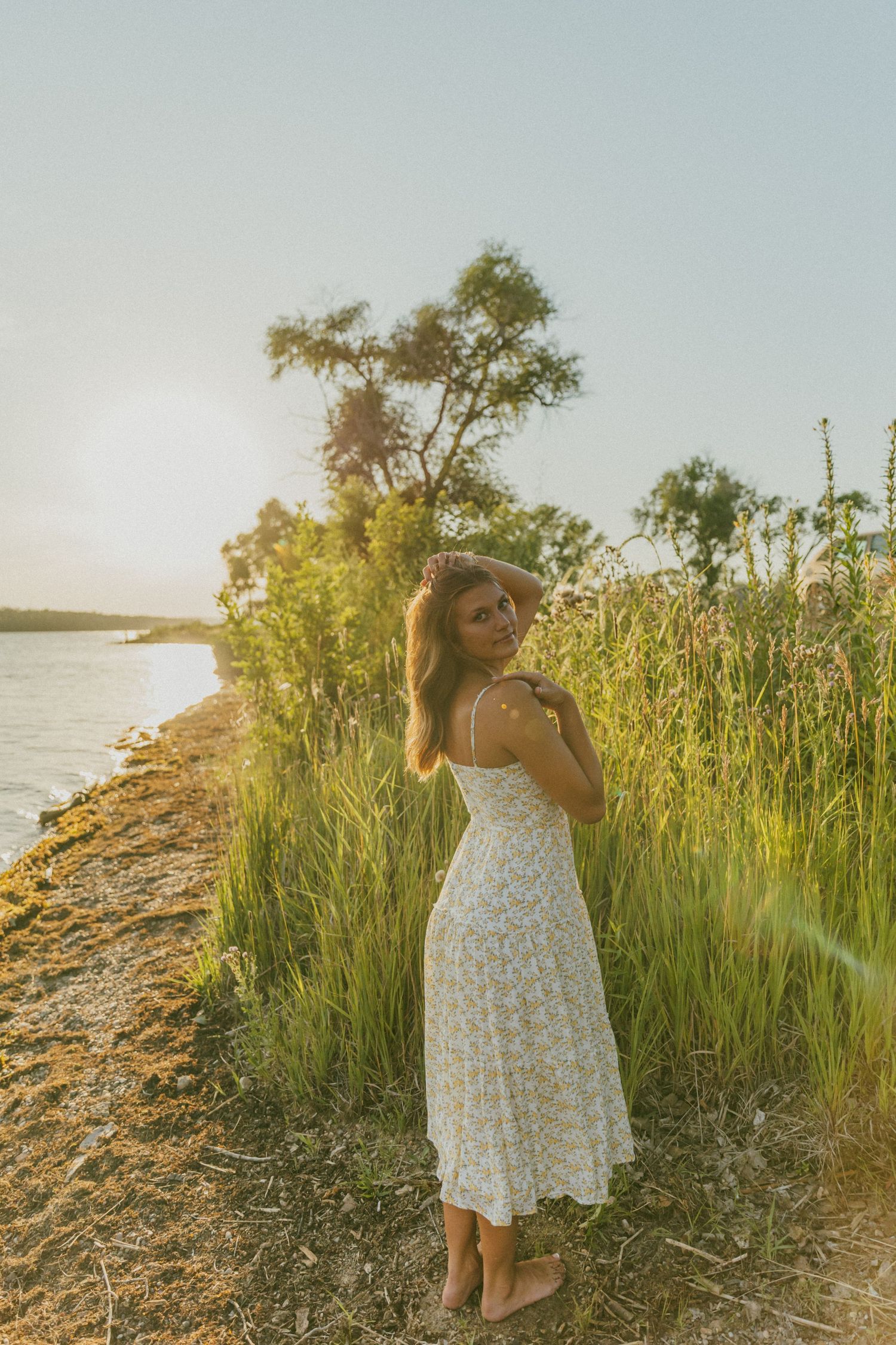 Sunlit coastal scene with tall grasses and water in the background during golden hour.