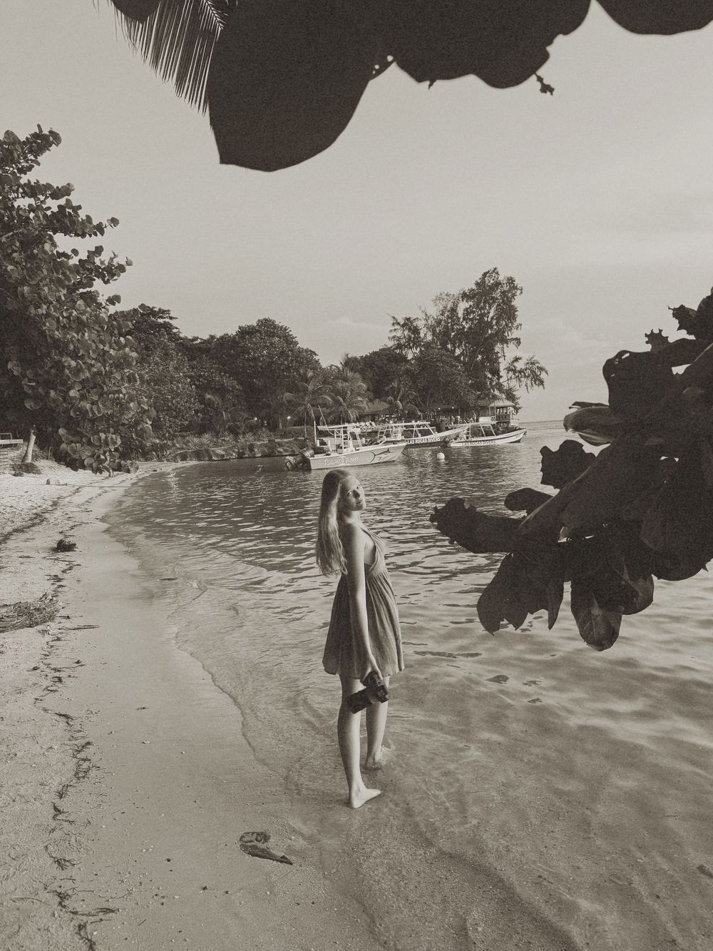 A vintage-style beach scene with a solitary figure walking near the water's edge.