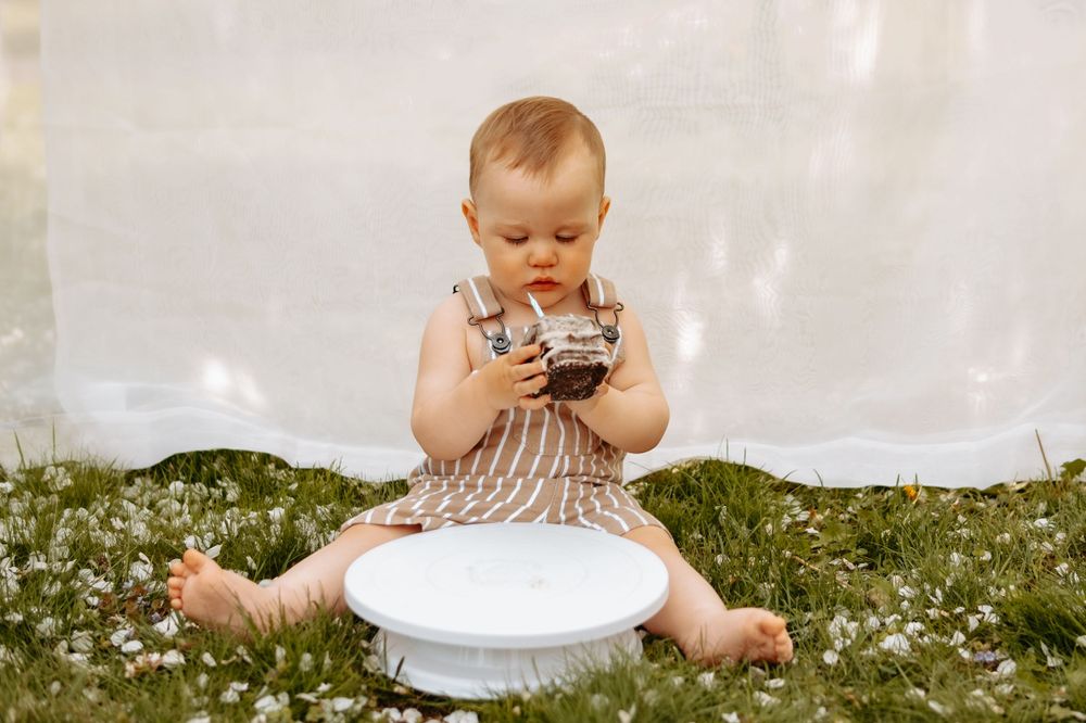 Toddler enjoying chocolate cake while sitting on white plate in grassy field.