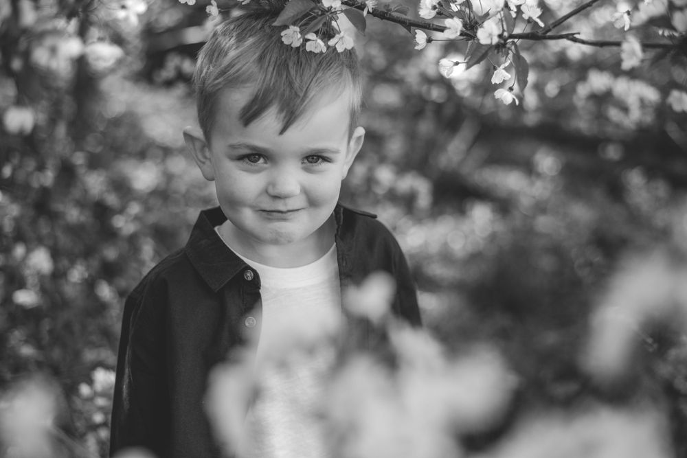 Artistic black and white portrait of child smiling among spring blossoms.