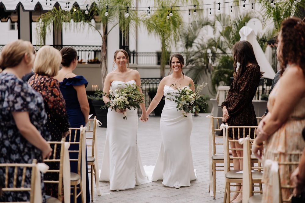 A collection of wedding ceremony photos showing guests seated in wooden chairs at an outdoor venue.