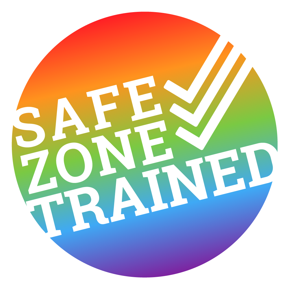 A circular rainbow gradient badge with 'SAFE ZONE TRAINED' text and white checkmarks.