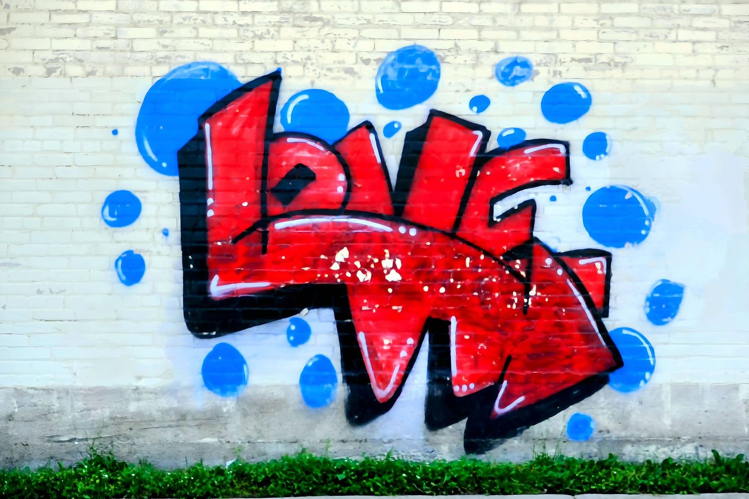 Red and blue graffiti art spelling 'Love' on white brick wall in Saginaw Michigan.