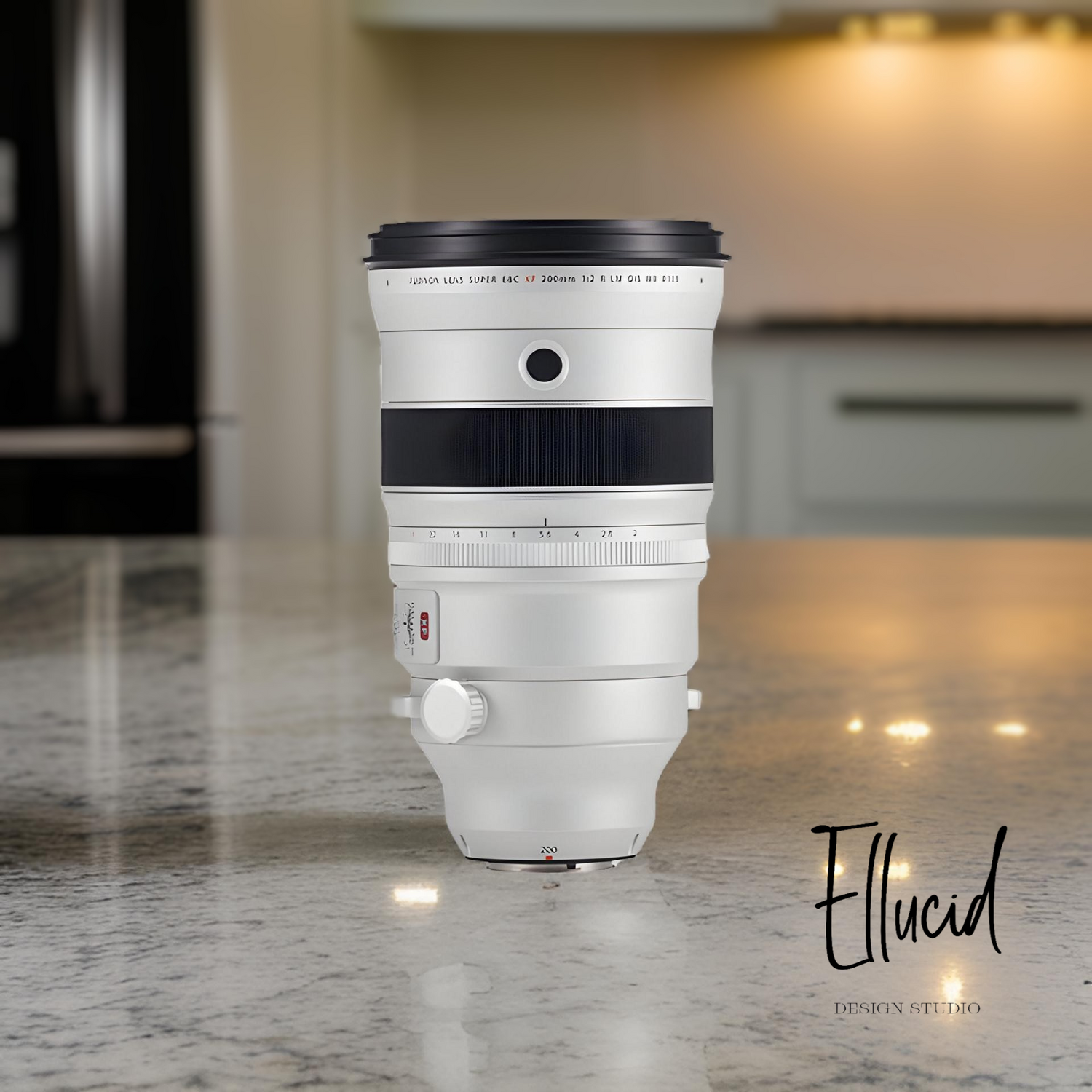 Professional white telephoto camera lens displayed on marble countertop with subtle kitchen background lighting.
