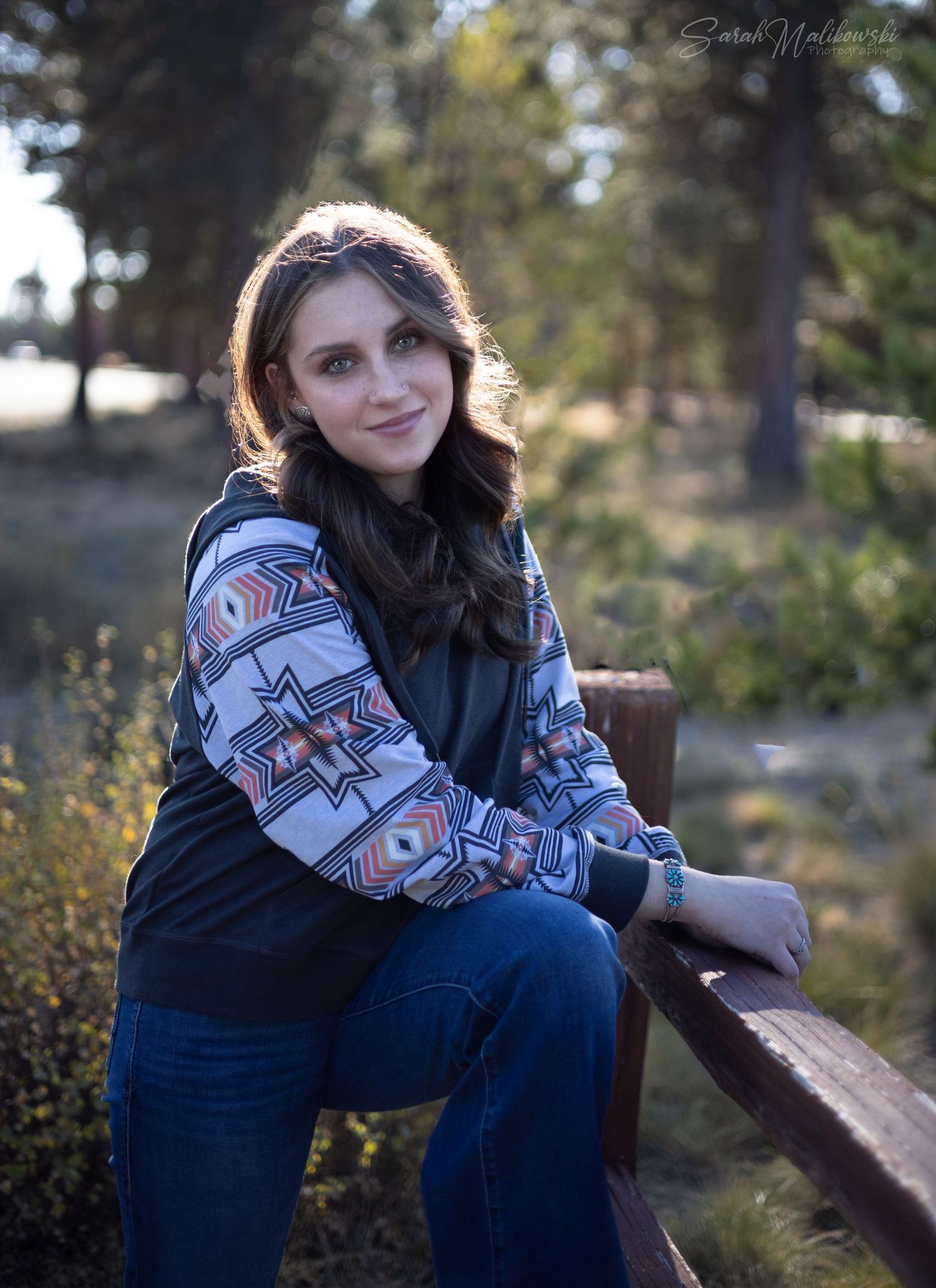 Series of outdoor portrait shots featuring blue denim and plaid scarf in natural lighting.