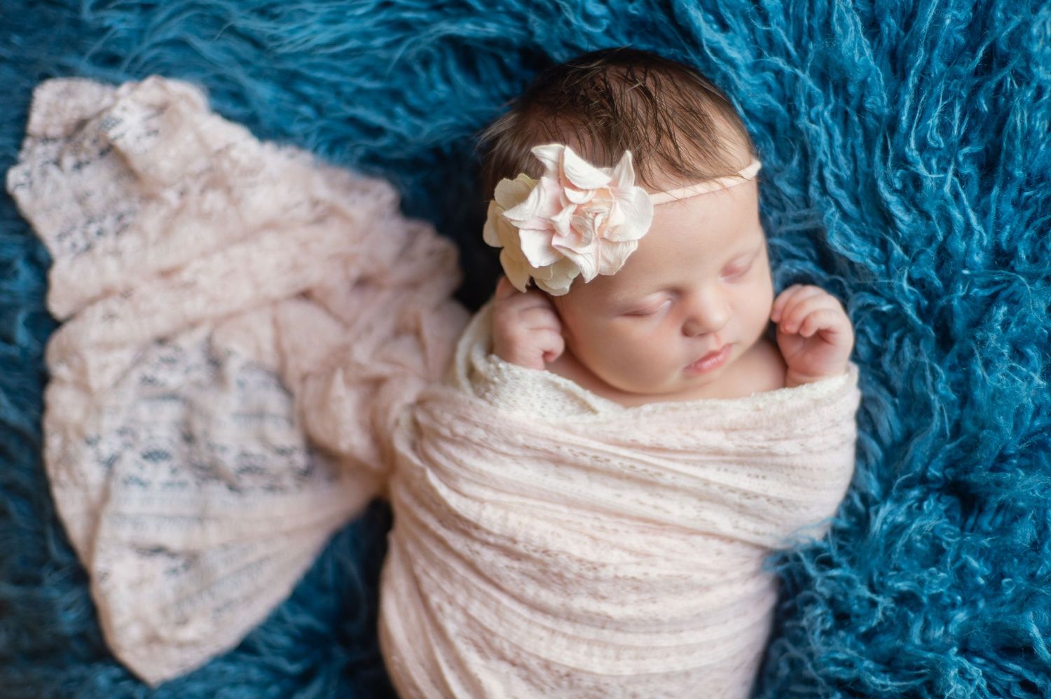 Newborn baby girl swaddle wrapped headband soft focus sweet baby little bundle of love peach and blue handmade headband