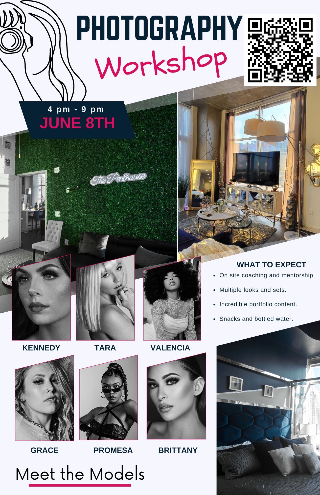 Photography workshop flyer for June 8th event featuring six models Kennedy Tara Valencia Grace Promesa Brittany.