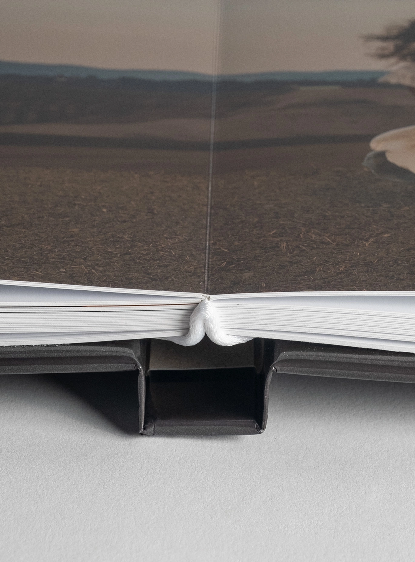 Close-up view of an open hardcover book spine showing layered pages and binding details.