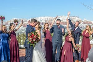 Wedding party celebrating with raised arms against mountain backdrop.