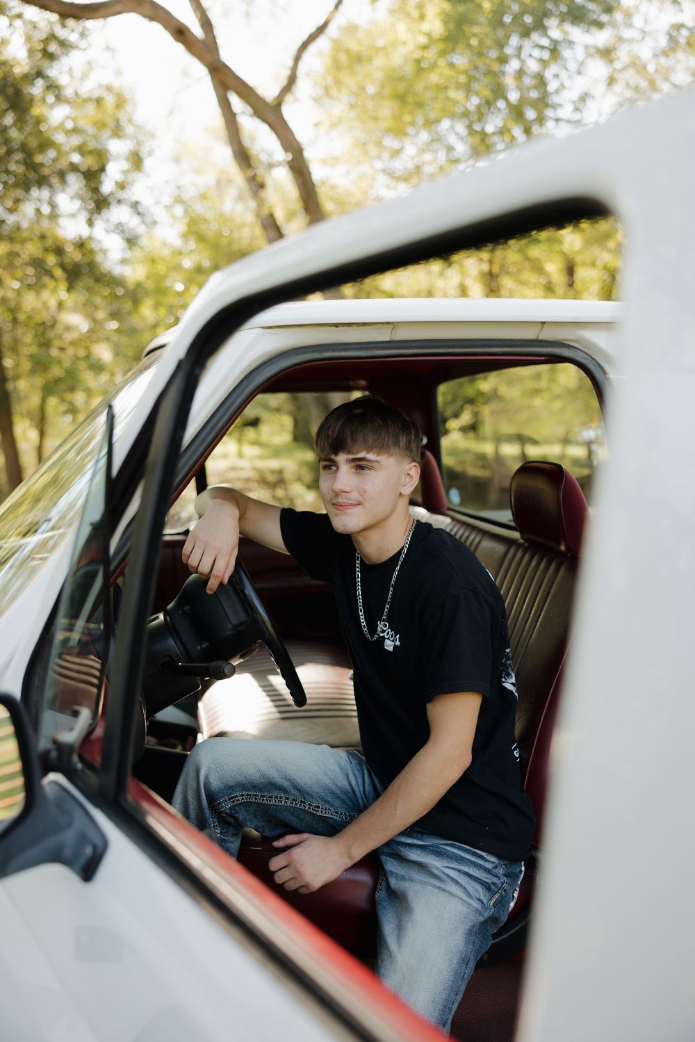 A series of photos showing someone sitting in a car with an open door in a sunlit outdoor setting.