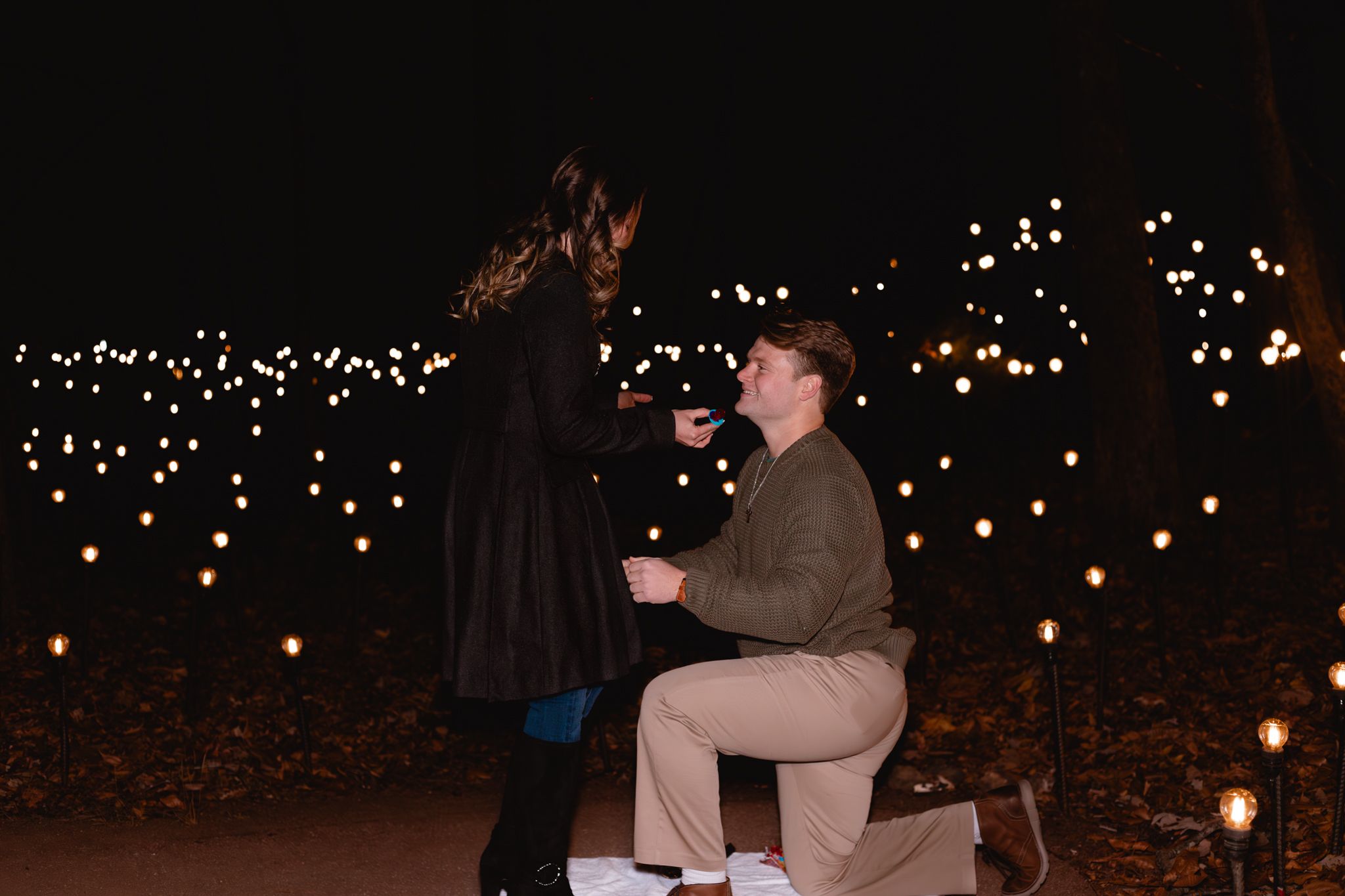 Romantic proposal scene with string lights creating a magical nighttime ambiance.