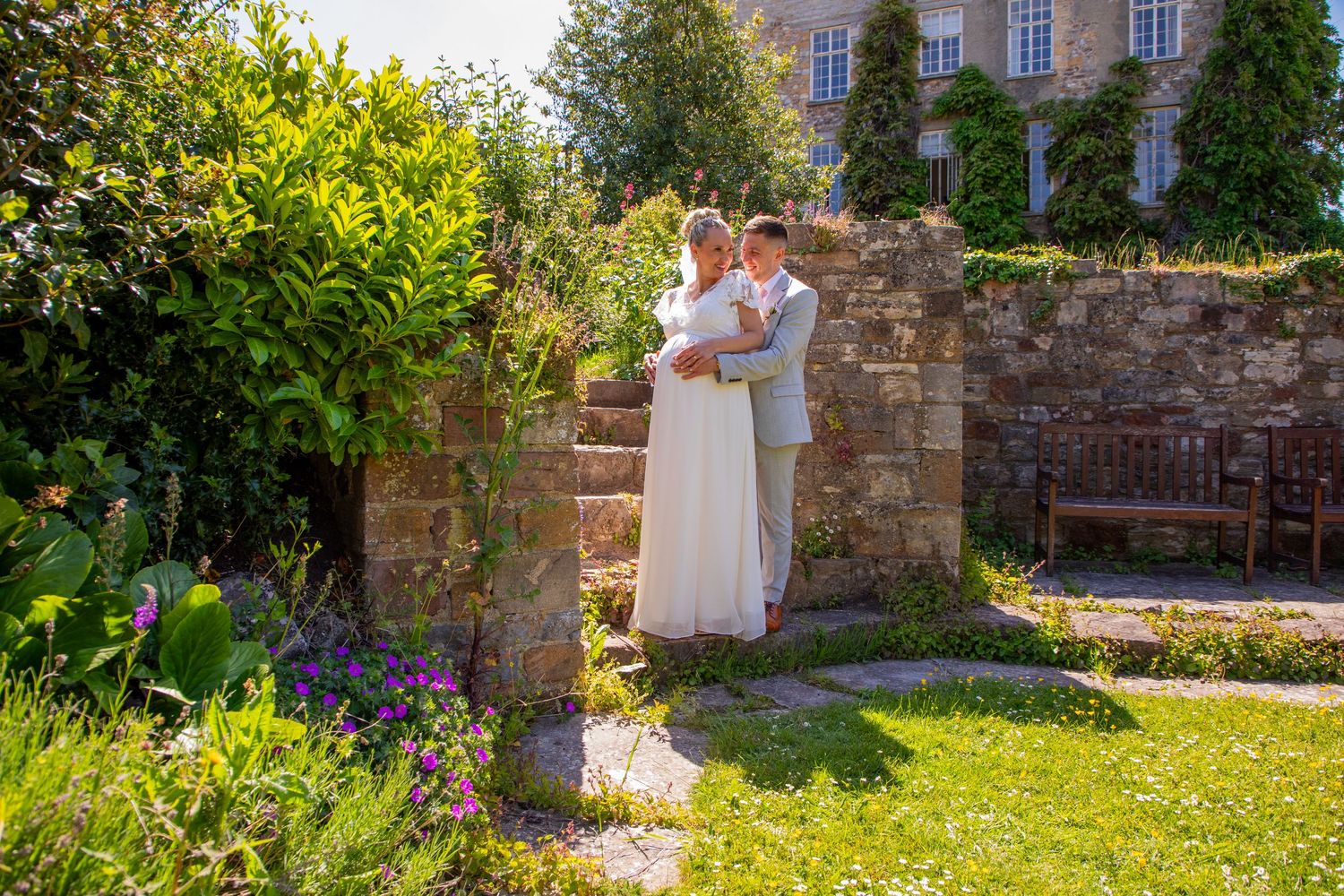 Candid photo of bride and groom at Taunton Castle