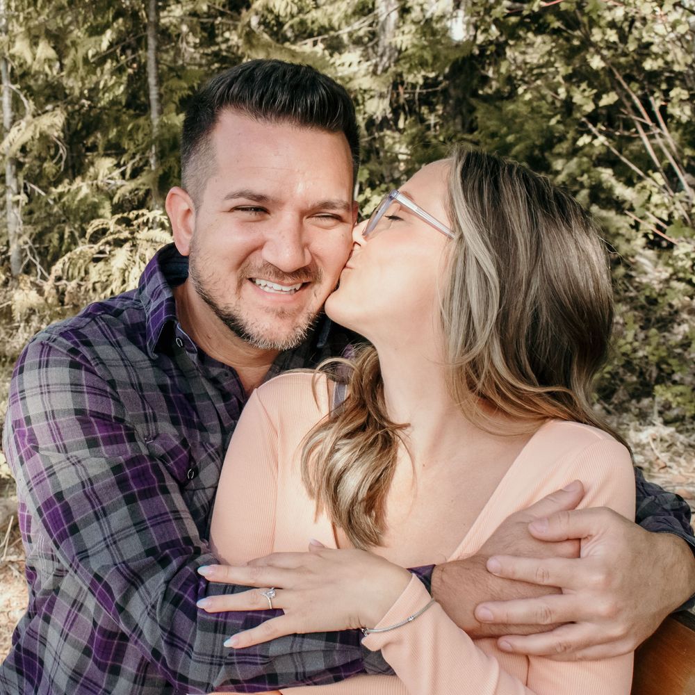 A couple shares tender moments in a series of romantic outdoor photos with sunlit greenery in the background.