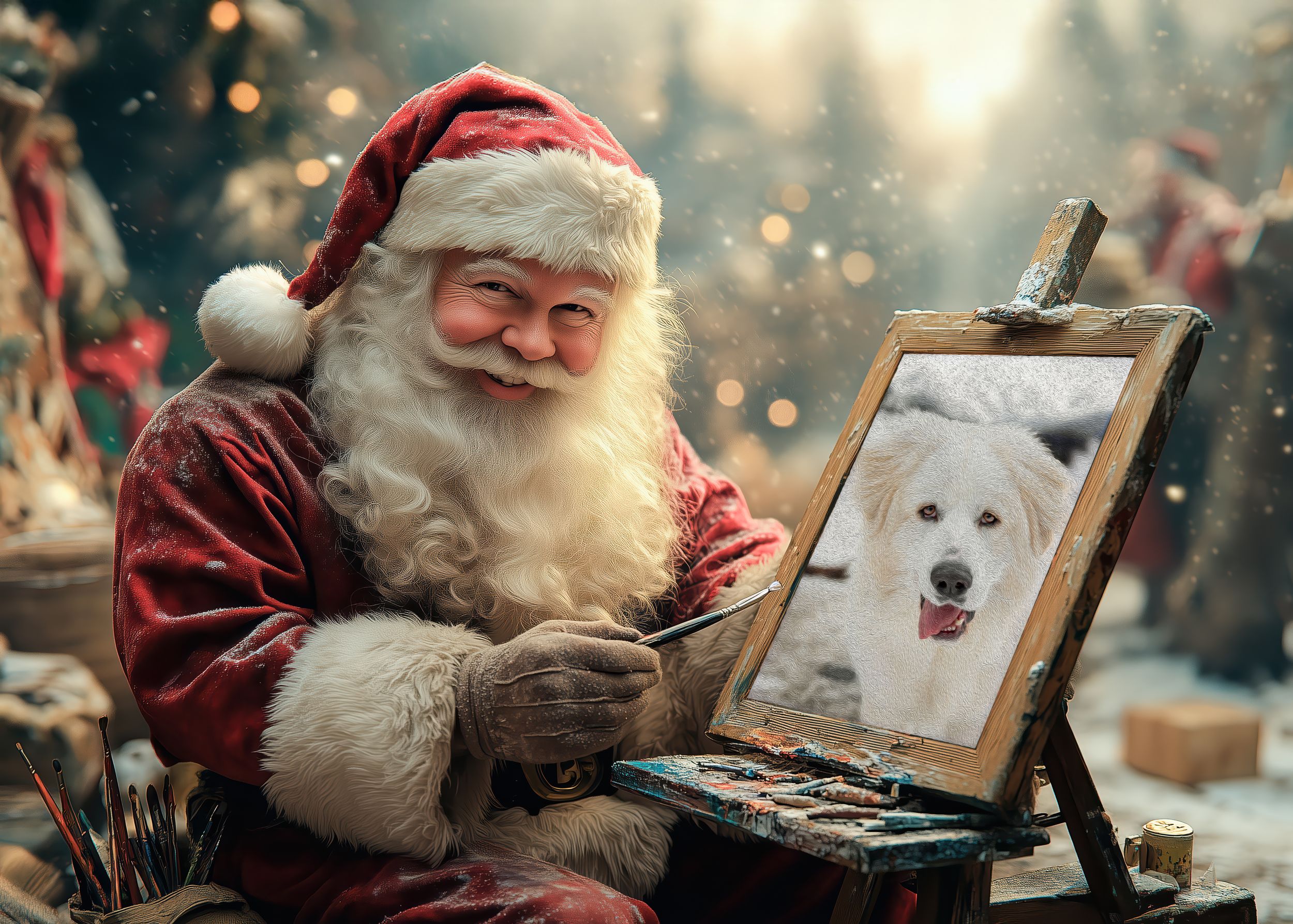 Artist in festive red clothing works on a detailed portrait of a white dog during winter.
Fine art and Composites