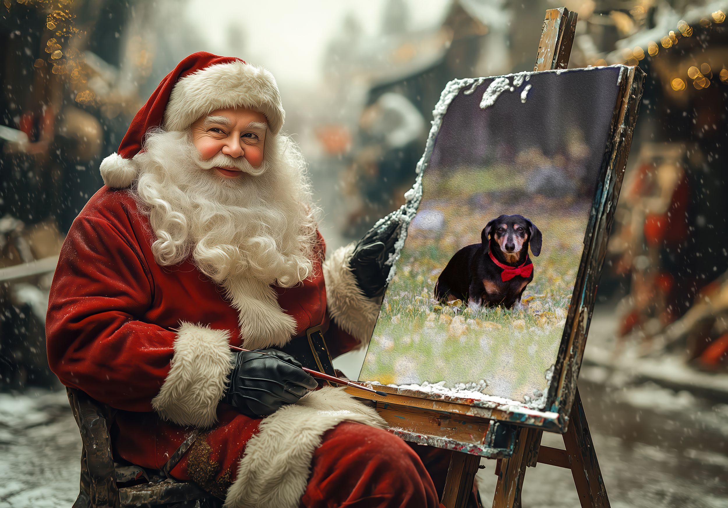 Camera captures an artist in Santa attire painting a portrait of a small black dog.
Fine art and Composites