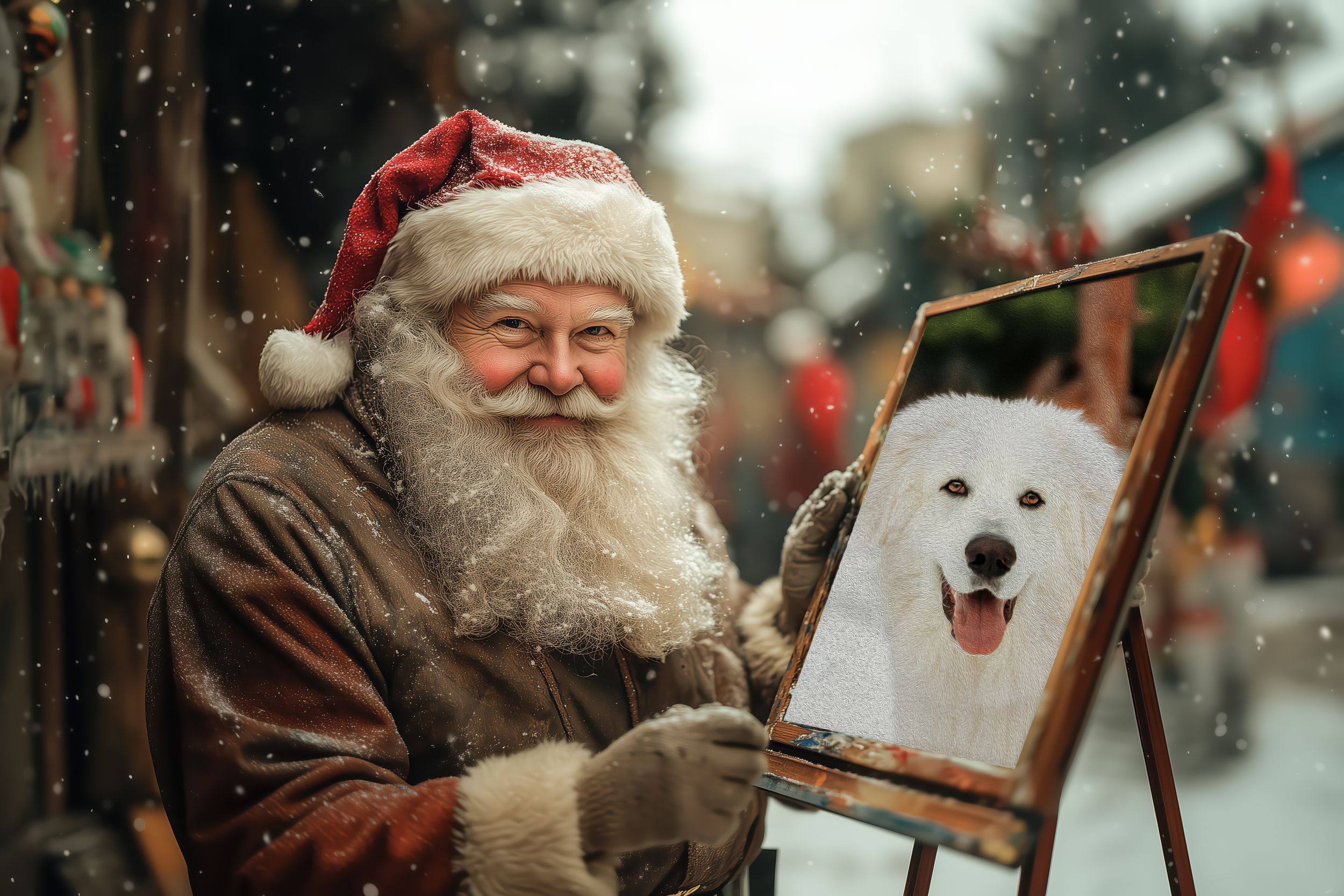 Festive scene of an artist painting a portrait of a white dog while wearing holiday attire.
Fine art and Composites