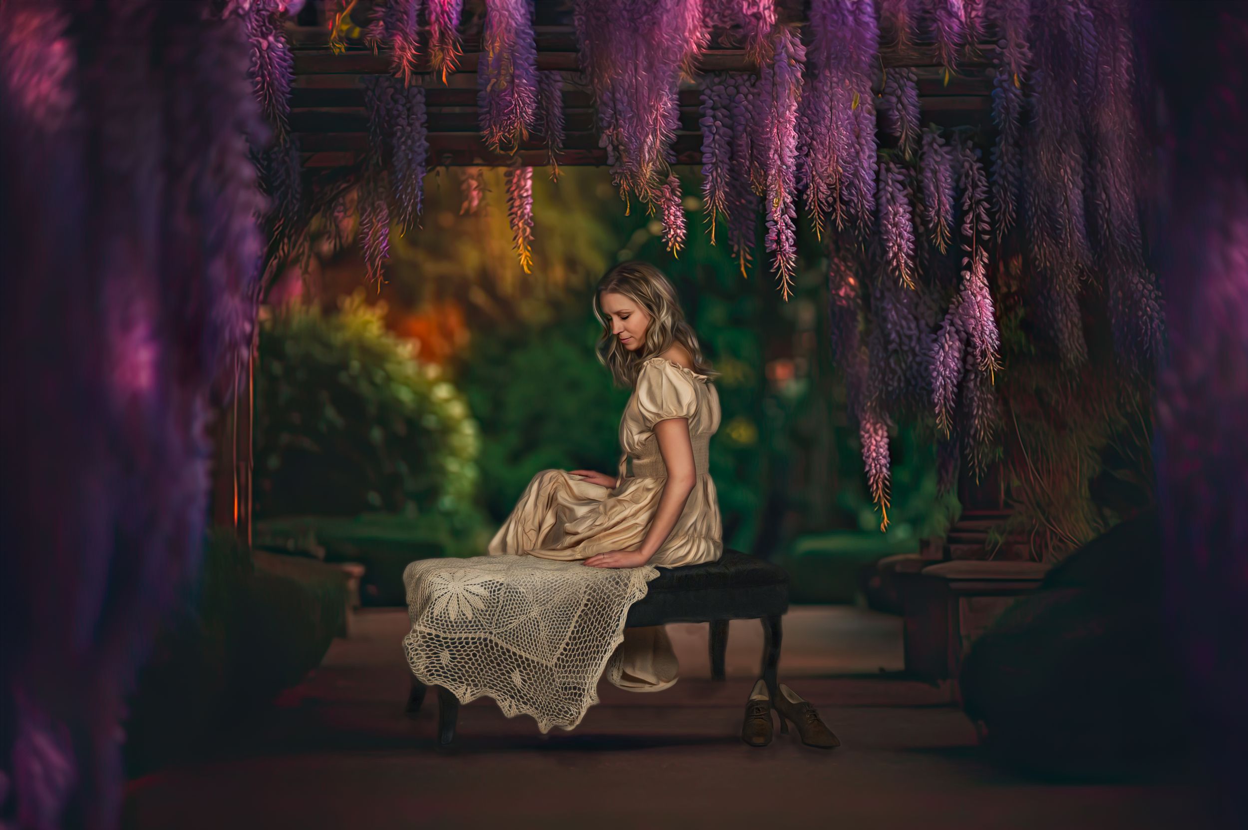 Dreamy portrait in a wisteria garden with flowing dress and vintage aesthetic.
Fine Art and Composites
